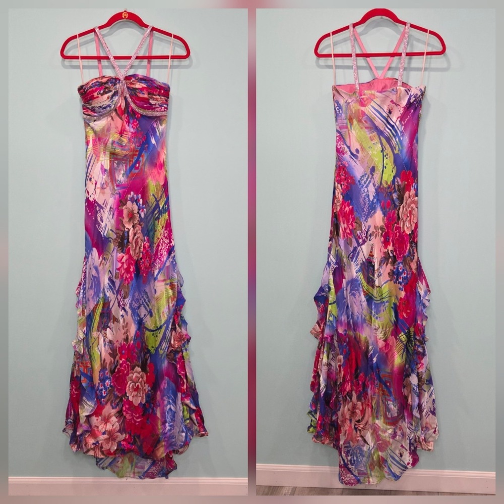 VTG Y2K Cache Silk Maxi Dress Strappy Rhinestone Colorful Abstract Formal Prom 4